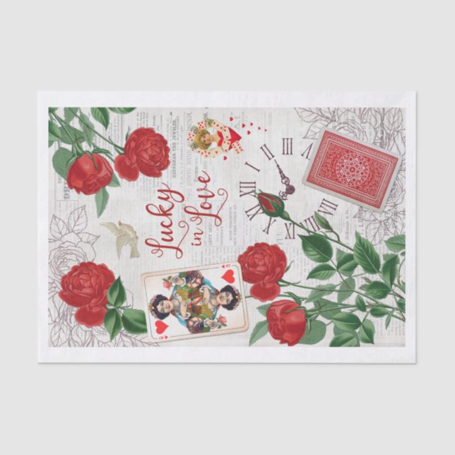 Lucky in Love, Red Roses, Queen of Hearts Collage Tissue Paper (Front)
