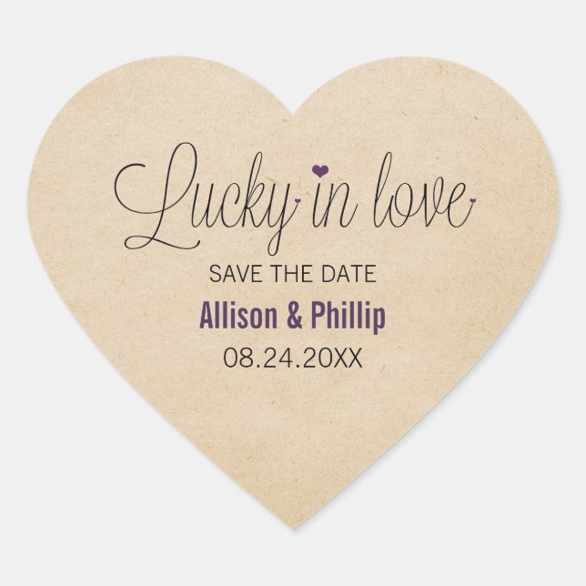 Lucky in Love Save the Date Stickers, Purple Heart Sticker (Front)