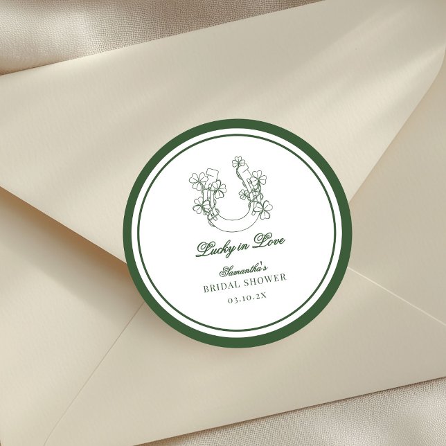 Lucky in Love Shamrock Horseshoe Bridal Shower Classic Round Sticker (Creator Uploaded)