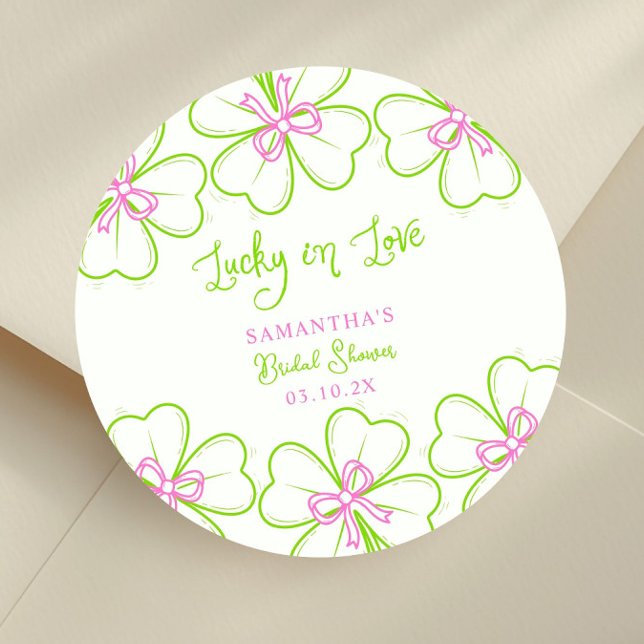 Lucky in Love ShamrockPink Green  Bridal Shower  Classic Round Sticker (Creator Uploaded)