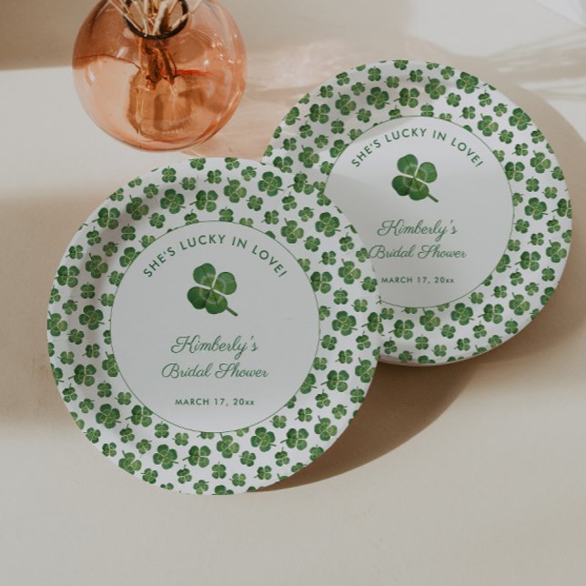 Lucky In Love St Patrick's Day Bridal Shower Party Paper Plate (Watercolor four leaf clover lucky in love St Patrick's day bridal shower party paper plates)