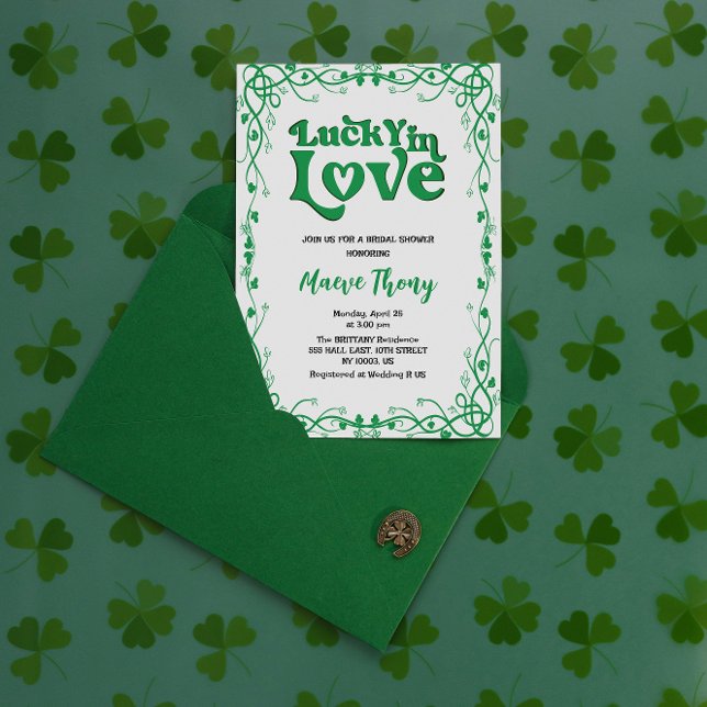  lucky in love st patricks day green bridal shower invitation (st patricks day bridal shower lucky in love irish green shamrock four leaf clover for her bride)