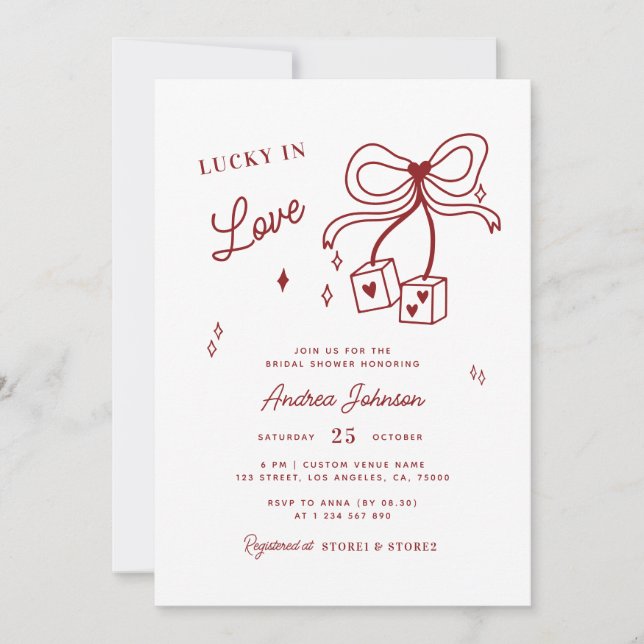 Lucky in Love Vegas Dice Casino Bow Bridal Shower  Invitation (Front)