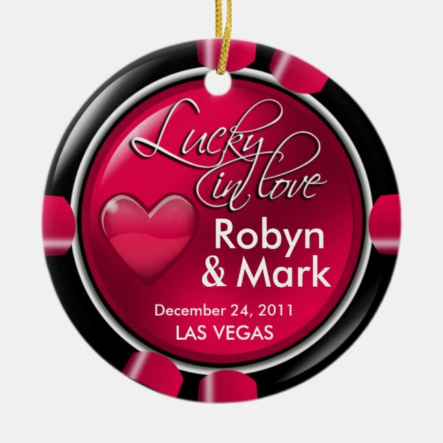 Lucky in Love Vegas Newlyweds Casino Chip Ceramic Tree Decoration (Front)