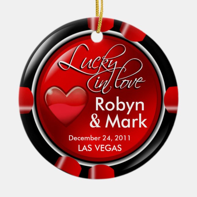 Lucky in Love Vegas Newlyweds Casino Chip Ceramic Tree Decoration (Front)