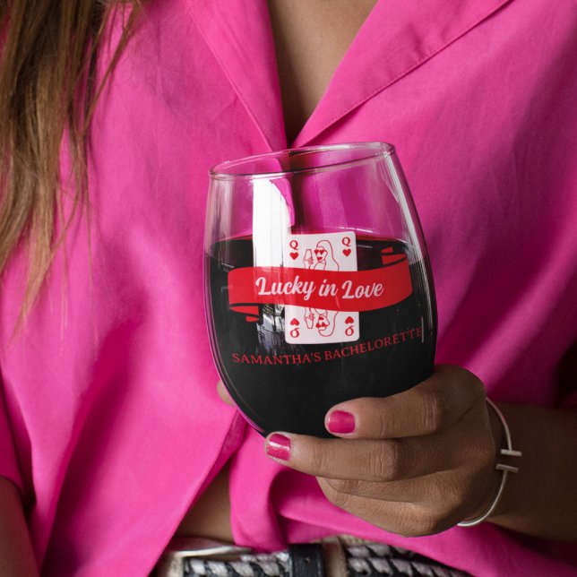 Lucky In Love Vegas Pink & Red Bachelorette Favour Stemless Wine Glass (Lucky In Love Vegas Pink & Red Bachelorette Favor Stemless Wine Glass)