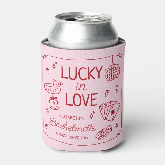 Lucky In Love Whimsical Hand Drawn Bachelorette Can Cooler (Can Front)