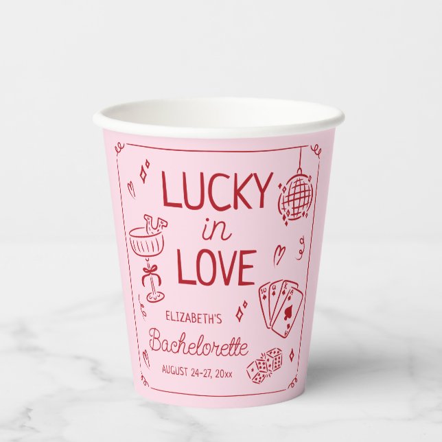 Lucky In Love Whimsical Hand Drawn Bachelorette Paper Cups (Front)