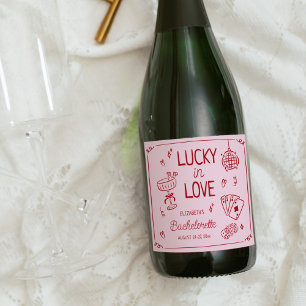 Lucky In Love Whimsical Hand Drawn Bachelorette Sparkling Wine Label
