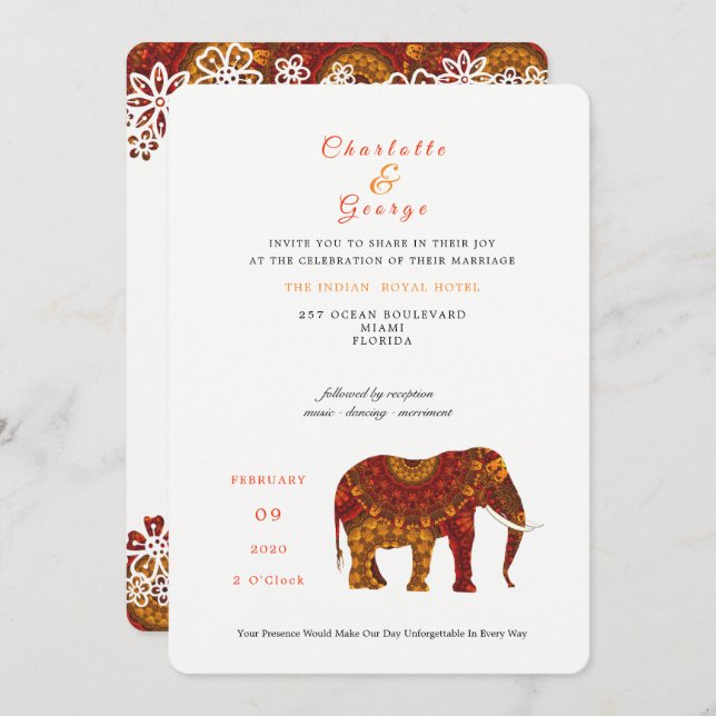 Lucky Indian Elephant Elegant Lace Wedding Invite (Front/Back)