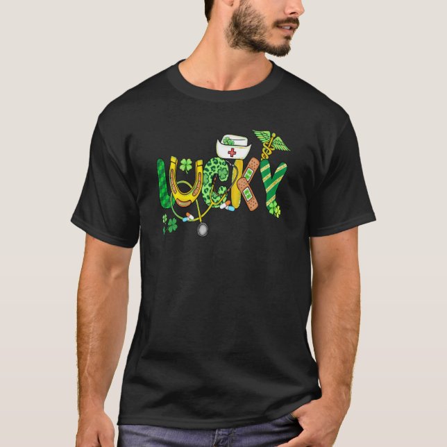 Lucky Irish Nurse Stethoscope Scrub St Patricks Da T-Shirt (Front)