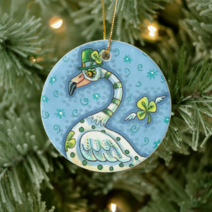 LUCKY IRISH POLKA DOT FLAMINGO, FUNNY BIRD 2021 CERAMIC TREE DECORATION
