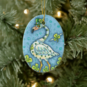 LUCKY IRISH POLKA DOT FLAMINGO, FUNNY BIRD 2021 CERAMIC TREE DECORATION