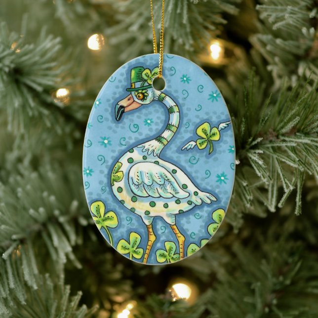 LUCKY IRISH POLKA DOT FLAMINGO, FUNNY BIRD 2021 CERAMIC TREE DECORATION (Tree)