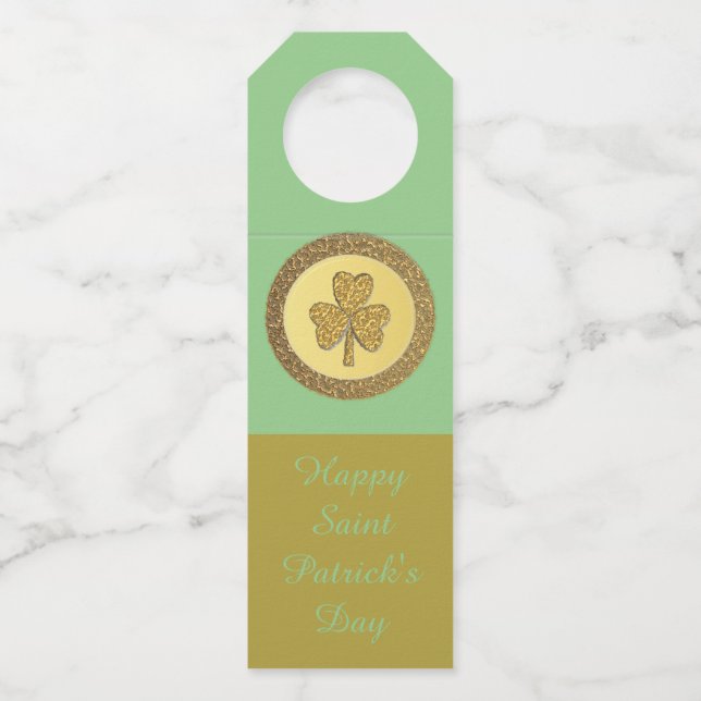 Lucky Irish Shamrock Gold Coin Custom Bottle Tag (Front)