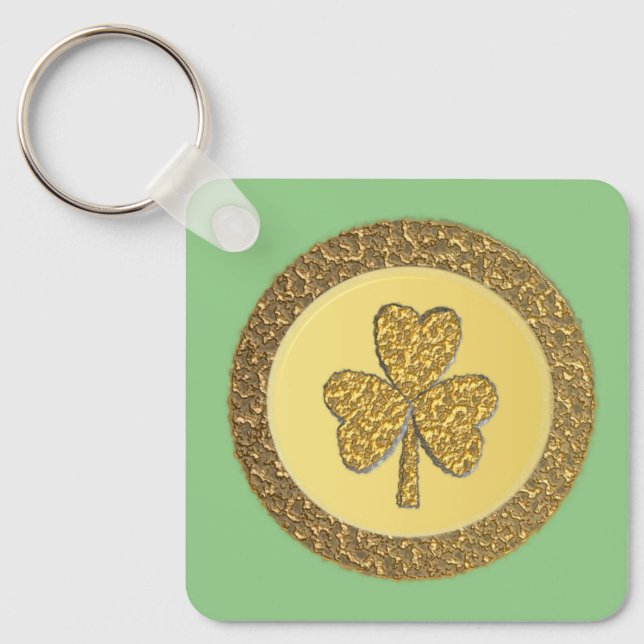 Lucky Irish Shamrock Gold Coin Custom Key Ring (Front)