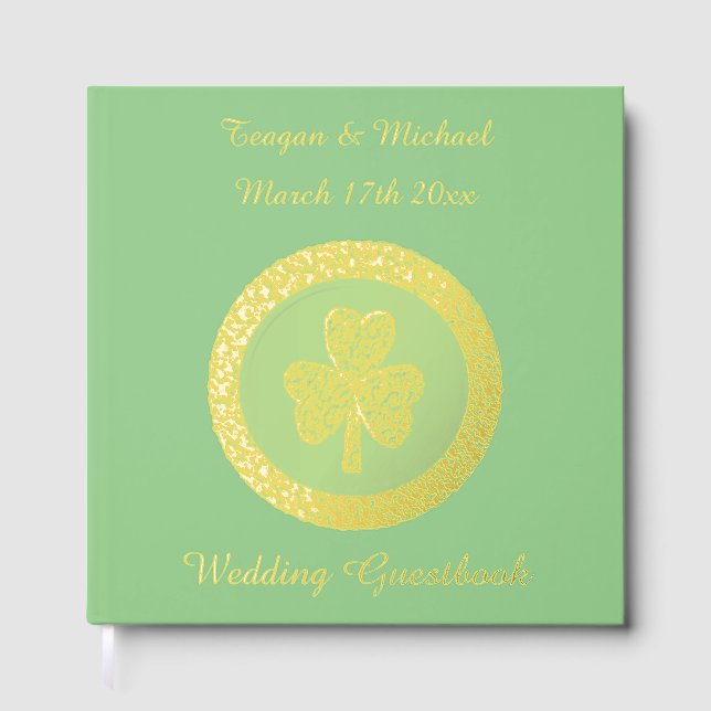 Lucky Irish Shamrock Gold Coin Custom Wedding Guest Book (Front)