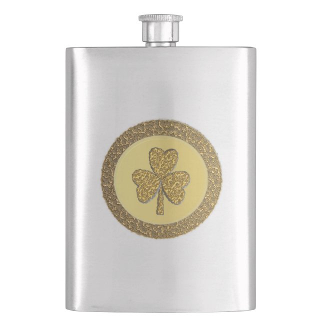Lucky Irish Shamrock Gold Coin Hip Flask (Front)