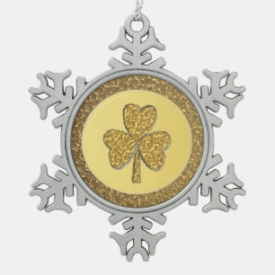 Lucky Irish Shamrock Gold Coin Snowflake Pewter Christmas Ornament