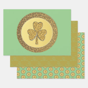 Lucky Irish Shamrock Gold Coin Wrapping Paper Sheet