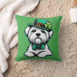 Lucky Irish Shamrock Maltese Dog St Patricks Day Cushion