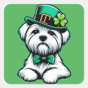 Lucky Irish Shamrock Maltese Dog St Patricks Day Square Sticker