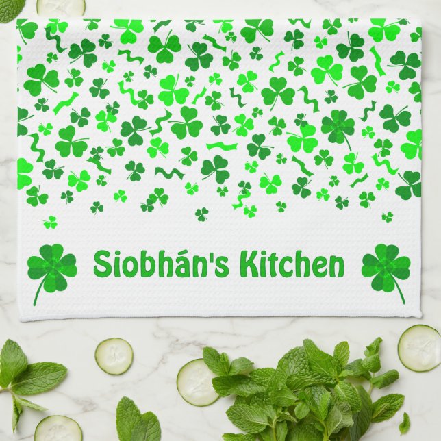 Lucky Irish Shamrocks Clover Personalized Tea Towel (Folded)