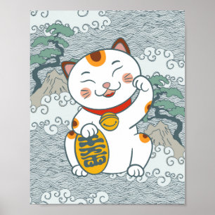 Lucky Japanese Calico Cat Maneki Neko Left Paw Poster
