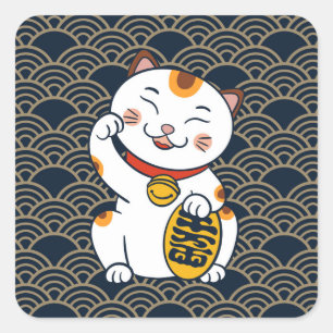 Lucky Japanese Calico Cat   Maneki Neko Square Sti Sticker