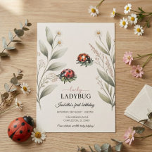 Lucky Ladybug Watercolor Floral Girl 1st Birthday 