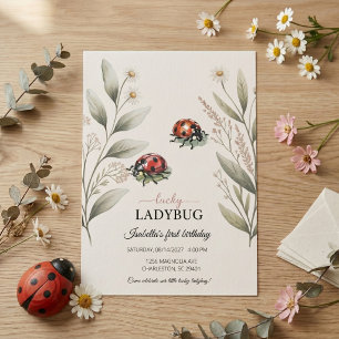 Lucky Ladybug Watercolor Floral Girl 1st Birthday Invitation