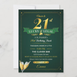 Lucky & Legal 21st Birthday Green & Gold Glitter Invitation