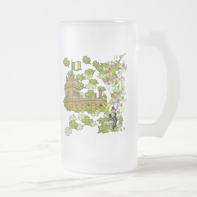 Lucky Leprechaun and His Irish Castle Frosted Glass Beer Mug (Right)