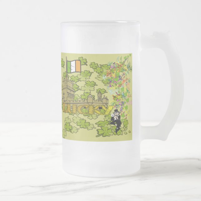 Lucky Leprechaun and His Irish Castle Frosted Glass Beer Mug (Right)