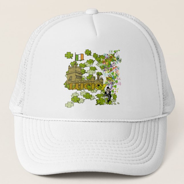 Lucky Leprechaun and His Irish Castle Trucker Hat (Front)