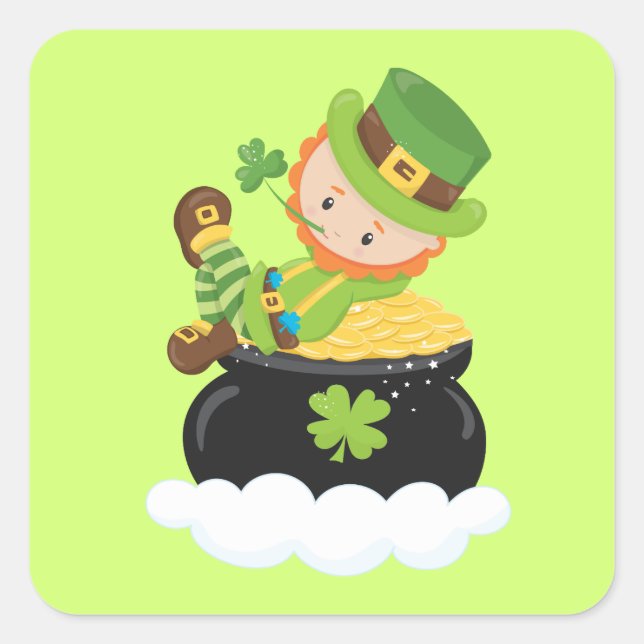 Lucky Leprechaun on a pot of gold Square Sticker (Front)
