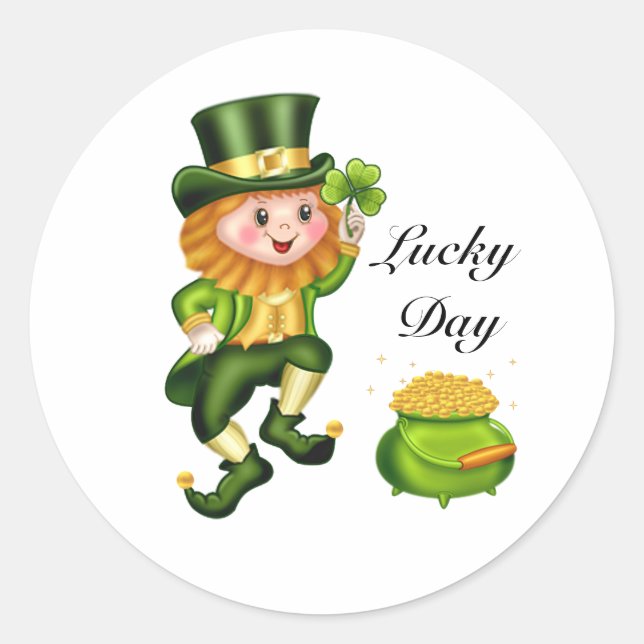 Lucky leprechaun, shamrock & pot of gold classic round sticker (Front)