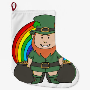 Lucky Leprechaun with Rainbow Pot of Gold Large Christmas Stocking