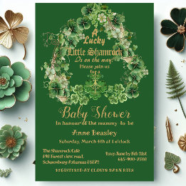 Lucky Little Shamrock Green Gold Leaf Baby Shower  Invitation