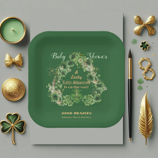 Lucky Little Shamrock Green Gold Leaf Baby Shower  Paper Plate