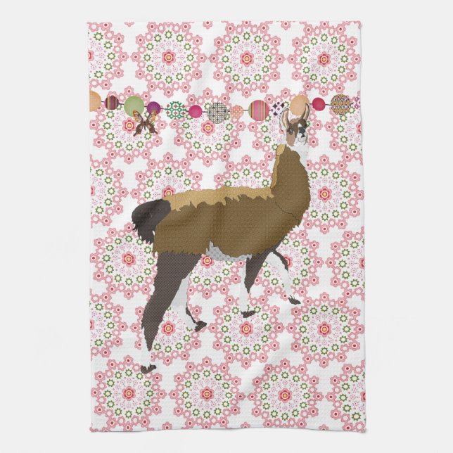 Lucky Llama & Butterfly Pink Ornate Kitchen Towel (Vertical)
