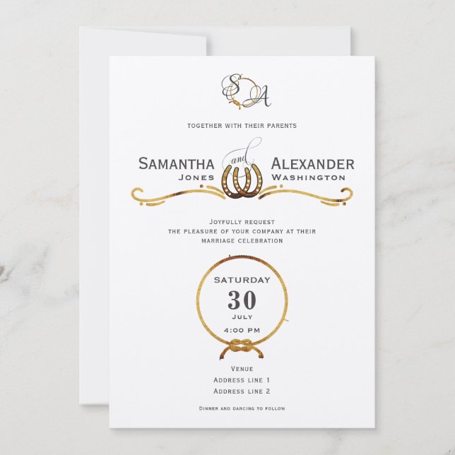 Lucky Love Western Rustic Barn Horseshoes Wedding Invitation (Front)