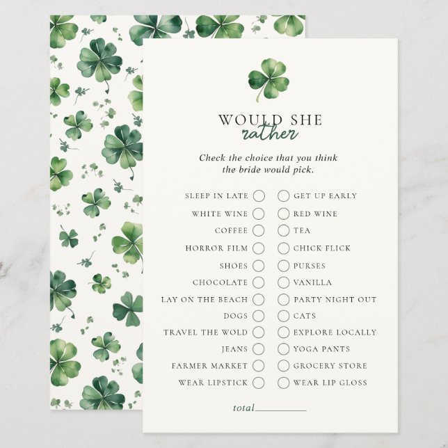 Lucky Love Would She Rather Bridal Shower Game (Front/Back)