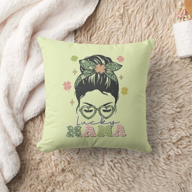 Lucky Mama - Messy Bun - Clover St. Patrick’s Cushion (Blanket)