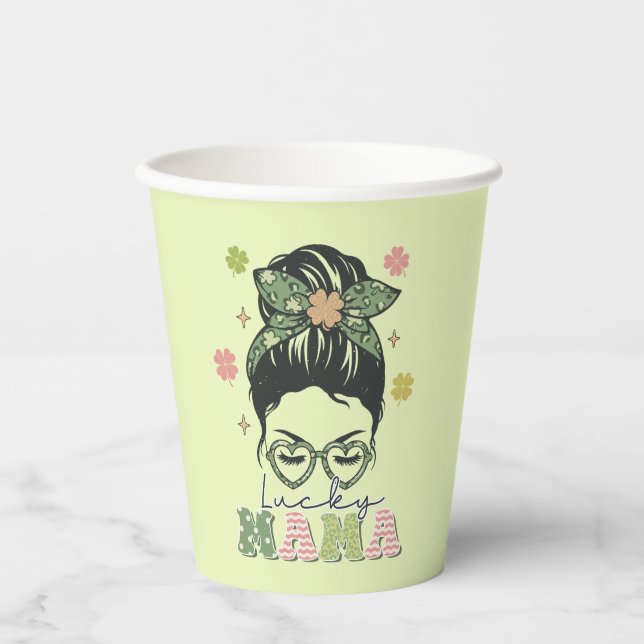 Lucky Mama - Messy Bun - Clover St. Patrick’s Paper Cups (Front)