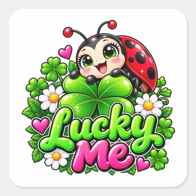 Lucky Me Ladybug Clover Square Sticker (Front)