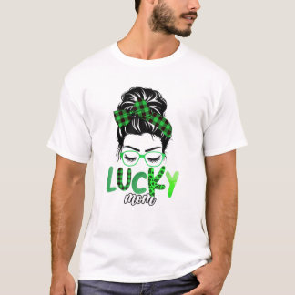 Lucky Mom Leopard Plaid Messy Bun Irish St Patrick T-Shirt