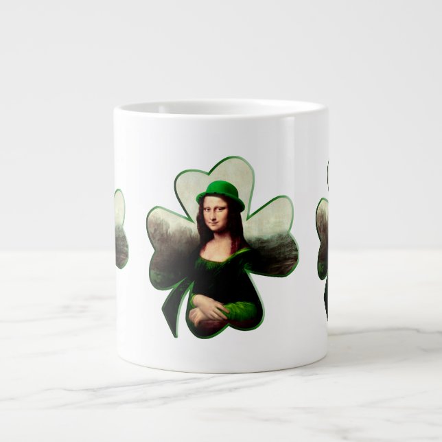 Lucky Mona Lisa St Patrick's Day Clover Large Coffee Mug (Front)