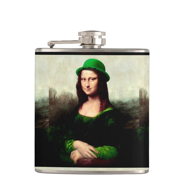 Lucky Mona Lisa St. Patrick's Day Hip Flask (Front)