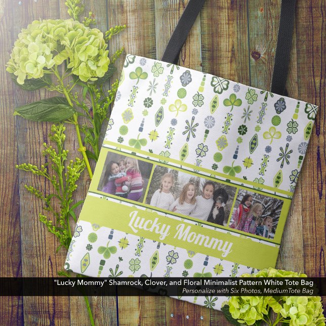 "Lucky Mummy" Shamrock Clover Pattern Photo Tote Bag ("Lucky Mommy" Shamrock, Clover, and Floral Pattern Tote Bag - Personalize with Six Photos)